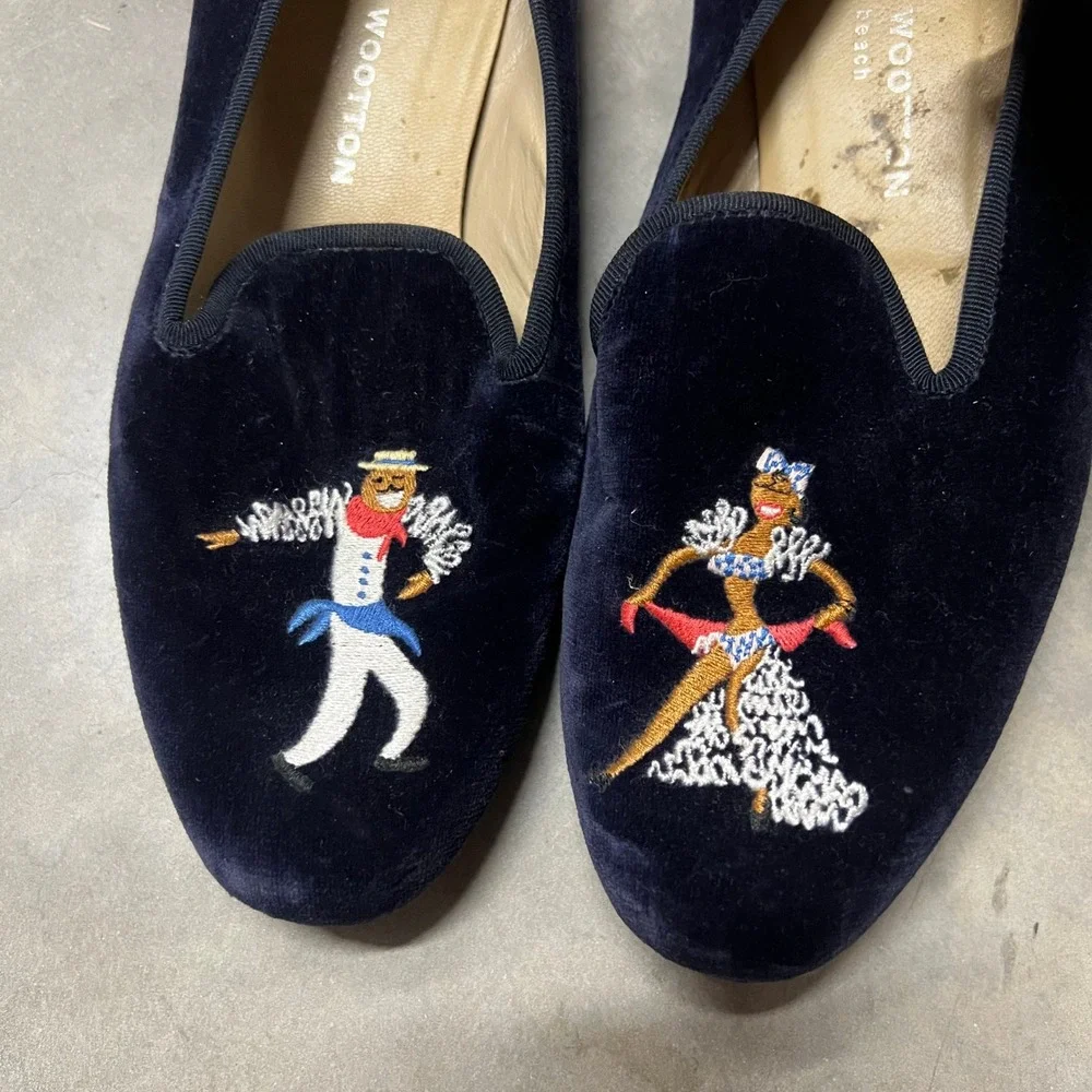 Stubbs & Wootton Navy Embroidered Dancer Couple Slippers Loafers Size 9 Spain